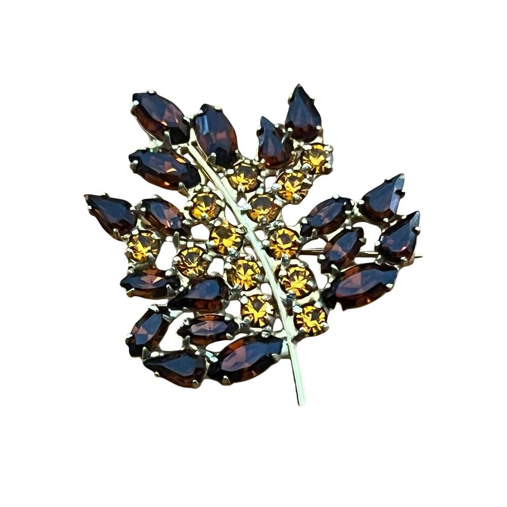 Vintage B David Rhinestone Fall Leaf Pin‎ Brooch Oak Leaf Citrine Amber Crystal